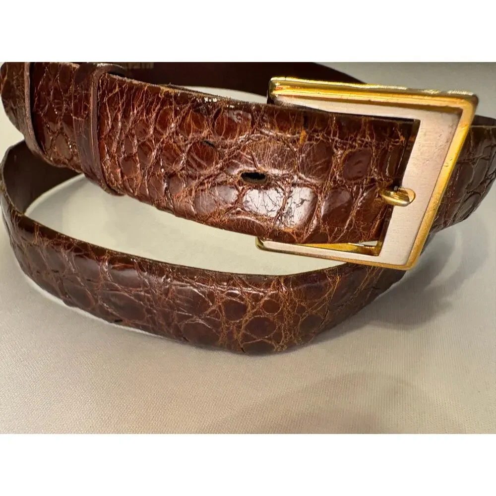 Vintage Brown Genuine Alligator Skin Belt Gold Tone Buckle 36 Old Money Class